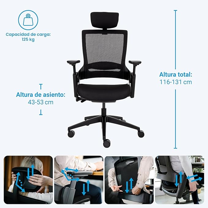 Silla de oficina ergonómica con indicación de ajustes de altura y respaldo