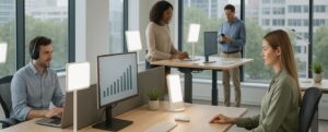 Empleados utilizando tecnología para mejorar el bienestar en la oficina