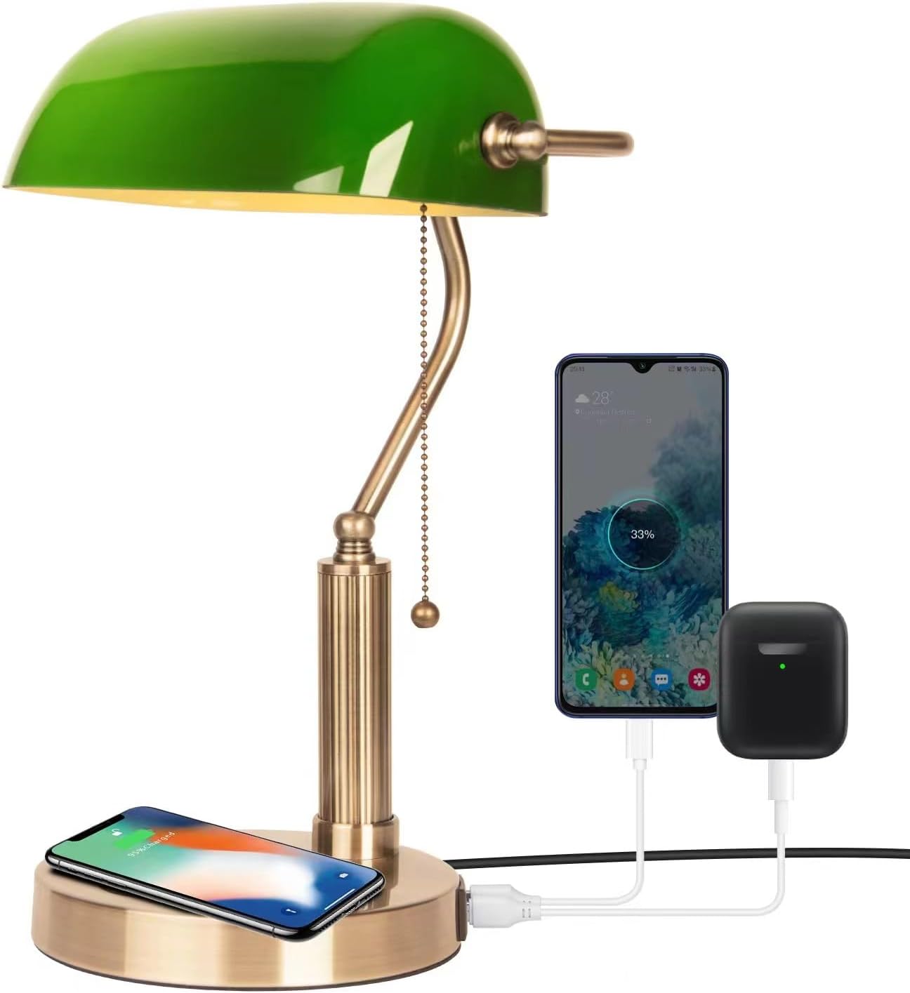 Lámpara de escritorio clásica con base cargador USB y carga inalámbrica
