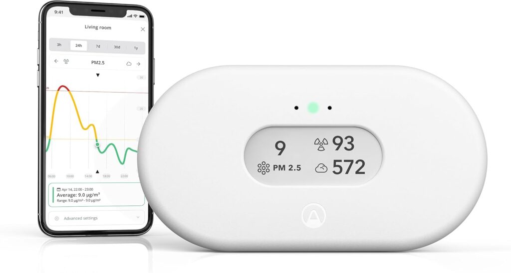 Monitor de calidad del aire conectado a móvil con lectura de partículas y CO₂