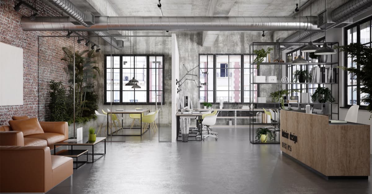 Oficina moderna con ventilación vista y plantas naturales