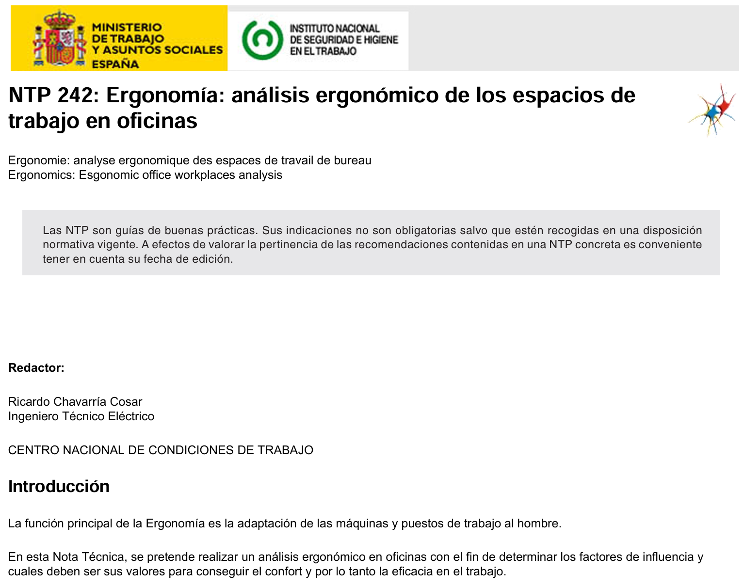 Portada de la NTP 242 sobre ergonomÃa del Instituto Nacional de Seguridad y Salud en el Trabajo