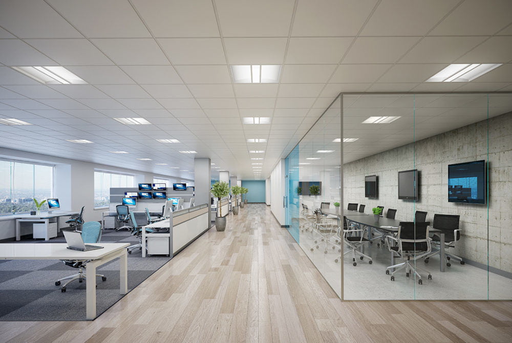 Oficina moderna con luz natural y LED combinadas